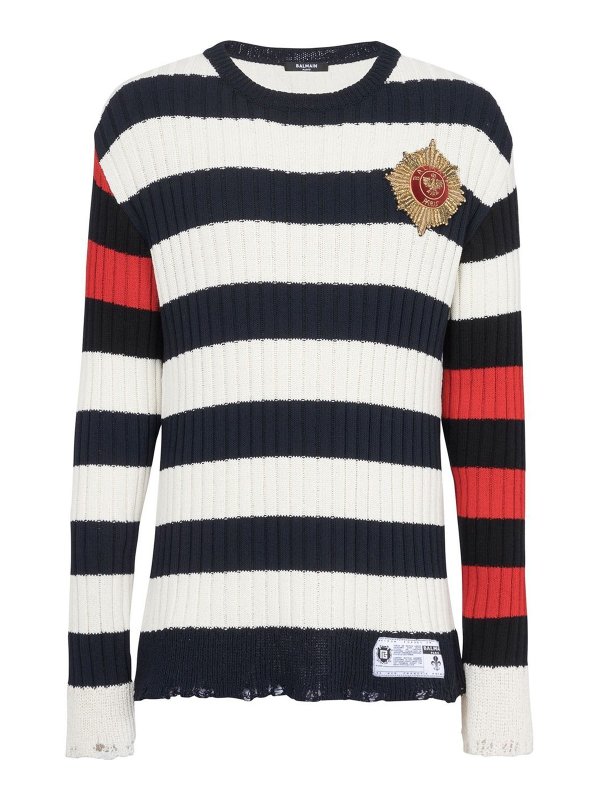 Balmain: crew necks - Wool blend striped pattern jumper