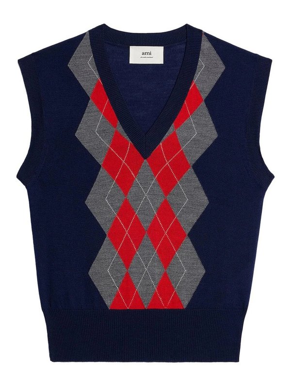 AMI PARIS: vests - Ami paris merino wool argyle check vest