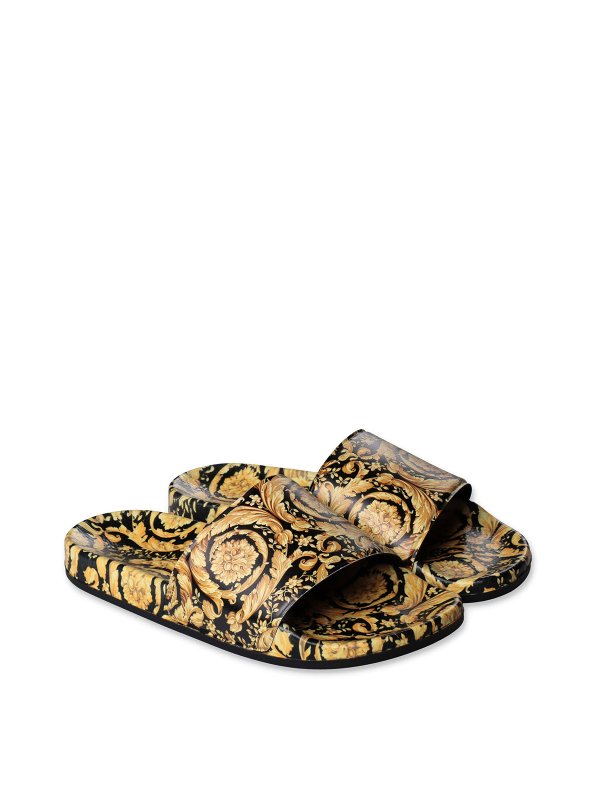 VERSACE: flip flops - Gold iconic print boy versace rubber slides