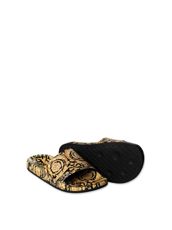 VERSACE: flip flops online - Gold iconic print boy versace rubber slides
