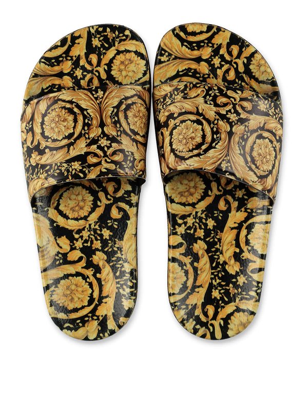 Gold iconic print boy versace rubber slides shop online: VERSACE