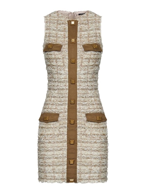 Balmain: crew necks - Beige tweed sleeveless crew necks