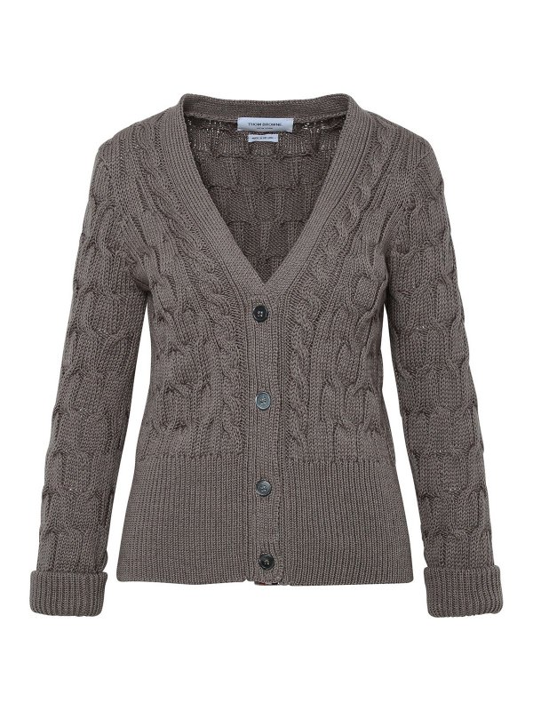 THOM BROWNE: cardigans - Cardigan in lana marrone