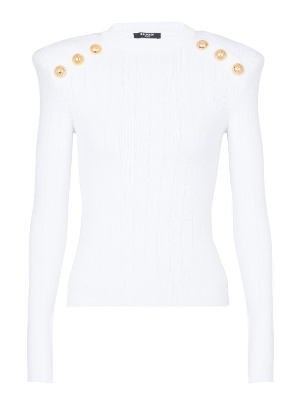 Balmain: Strickpullover mit Rundhalsausschnitt - Rundhalspullover - Weiß