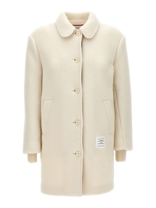 THOM BROWNE: knee length coats - Logo patch wool coat