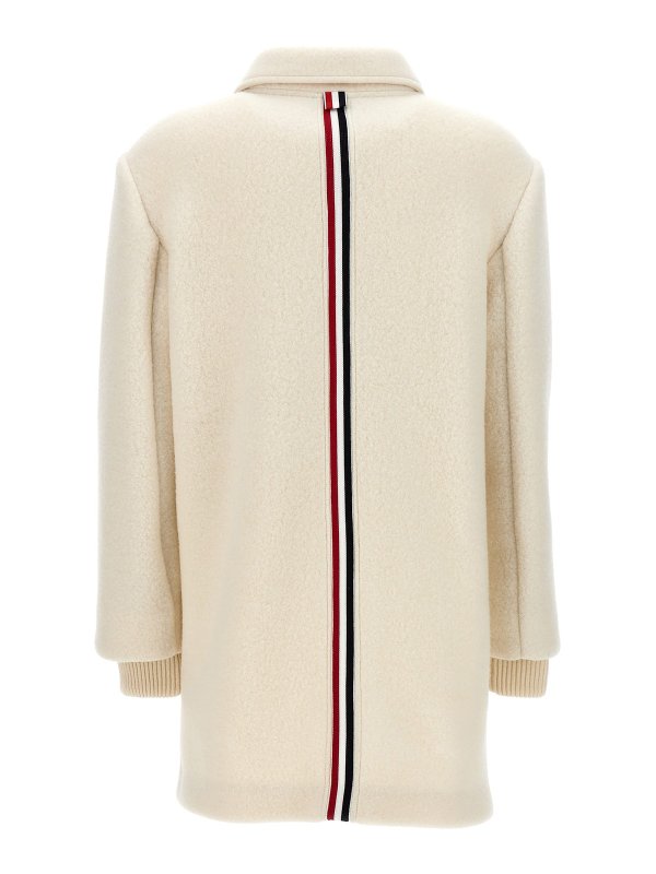 THOM BROWNE: knee length coats online - Logo patch wool coat