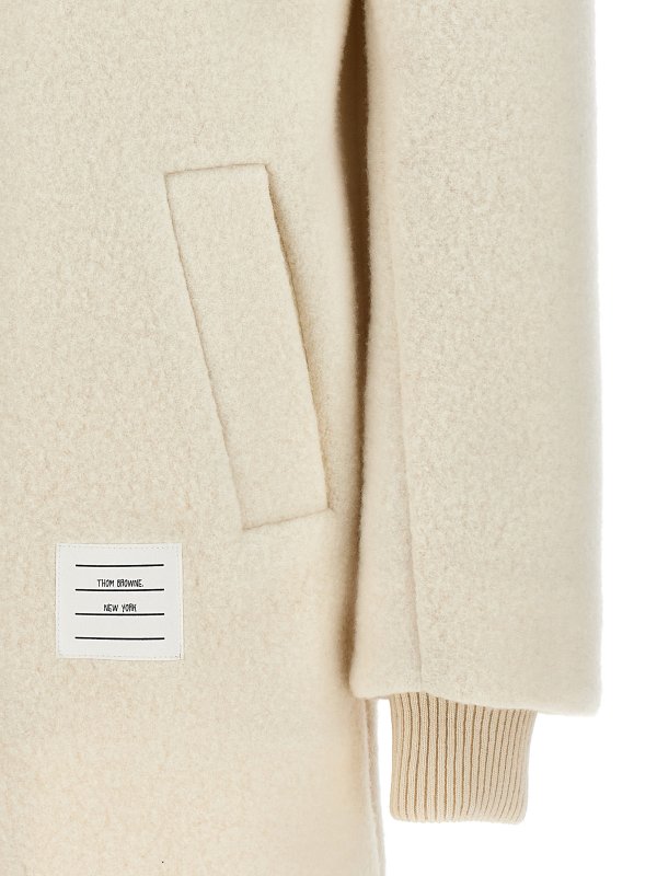 Logo patch wool coat shop online: THOM BROWNE