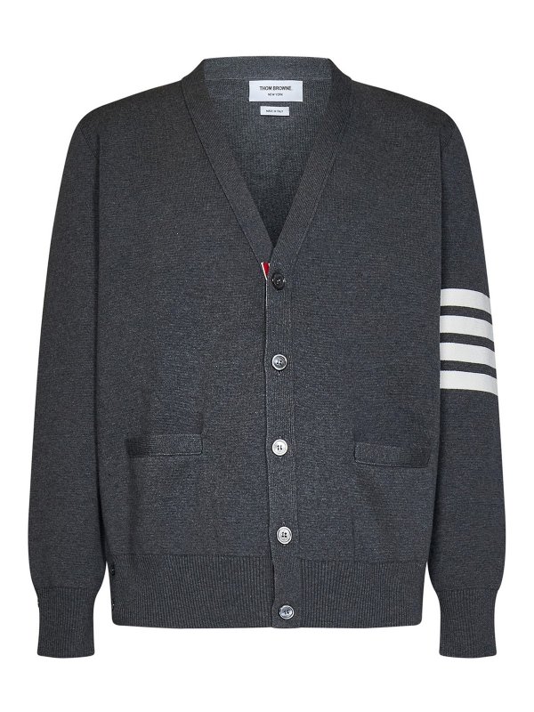 THOM BROWNE: cardigan - Cardigan scollo a V in cotone punto Milano