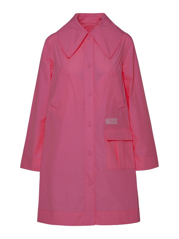 GANNI: short coats - Pink polyester coat