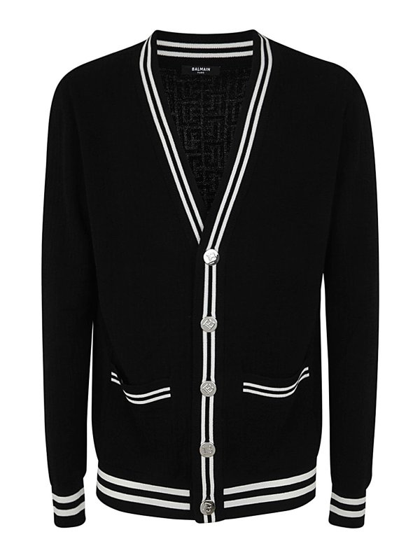 Balmain: cardigans - Monogram jacquard wool cardigan