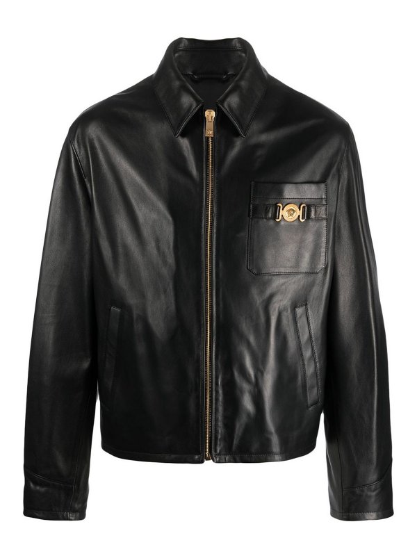 VERSACE: casual jackets - Leather jacket with embroidery inside
