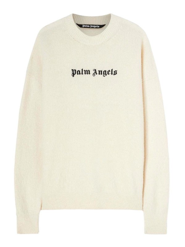 Palm Angels: maglia collo rotondo - Maglione in misto lana con logo ricamato