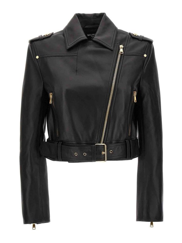 Balmain: casual jackets online - Leather biker jacket