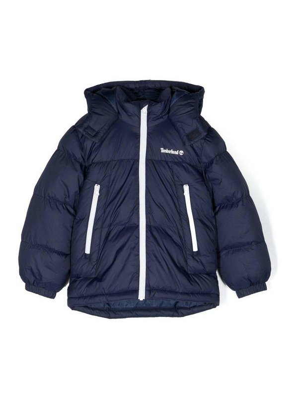 TIMBERLAND: casual jackets - Navy Blue Padded Jacket with Hood