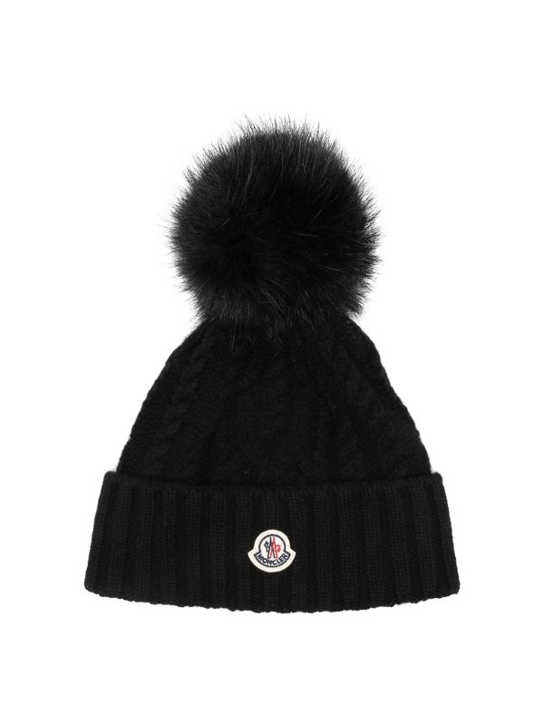 MONCLER: beanies - Logo-Patch Pompom Beanie Logo Patch