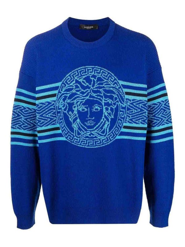 VERSACE: Strickpullover mit Rundhalsausschnitt - Rundhalspullover - Blau