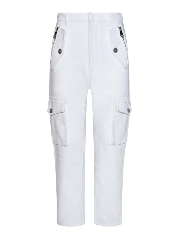 Balmain: casual trousers - White Cargo Pants with Silver Logo Plate