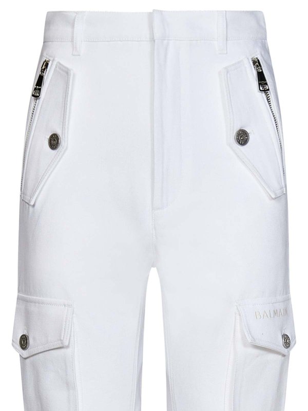 The Best Shops Balmain: casual trousers - White Cargo Pants with Silver Logo Plate