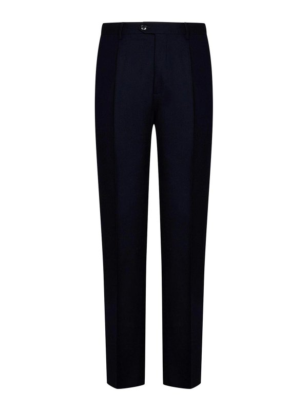 ETRO: casual trousers - Navy Blue Wool Pleat Trousers