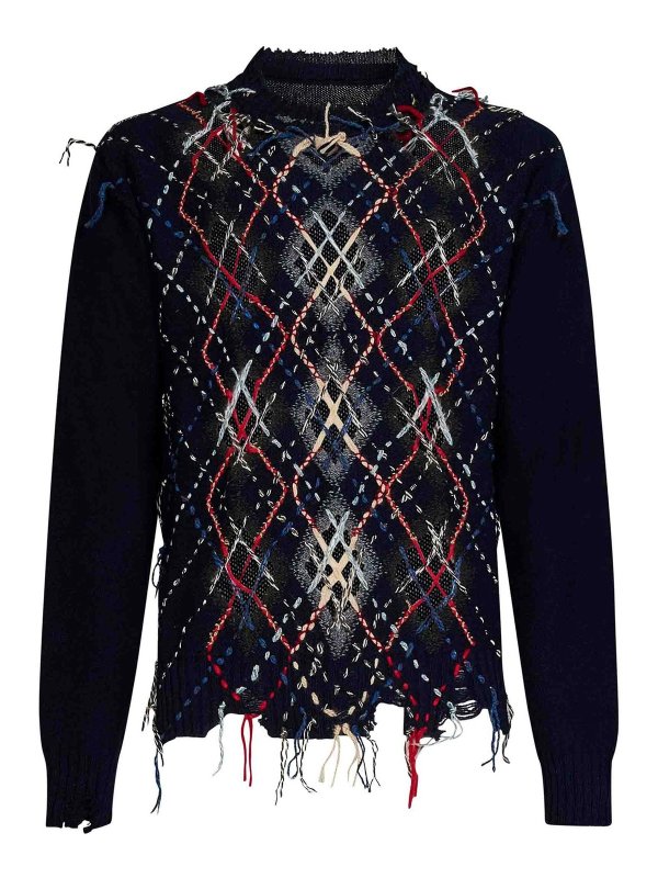 Maison Margiela: Strickpullover mit Rundhalsausschnitt - Rundhalspullover - Blau