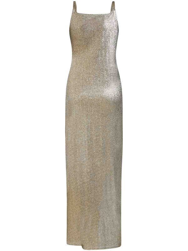 PACO RABANNE: evening dresses online - Gold Lurex Jersey Draped Long Dress