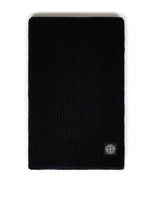 Stone Island Black Ribbed Wool Scarf with Compass Patch