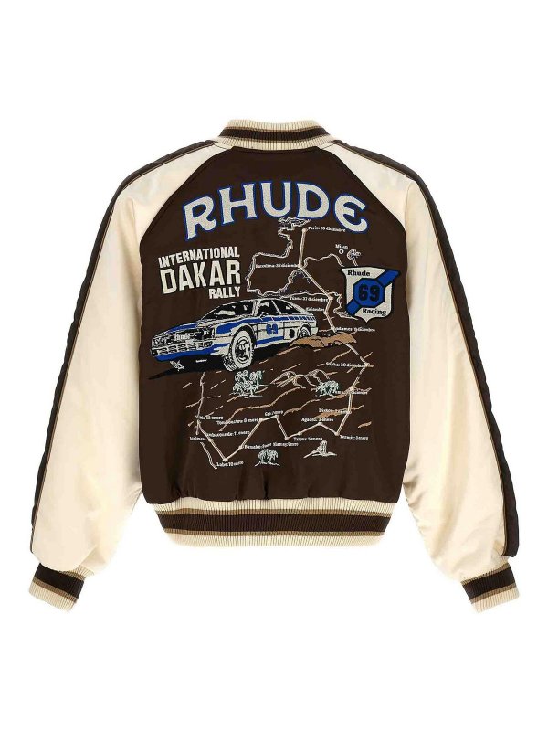 RHUDE: bombers online - crepe satin souvenir bomber jacket