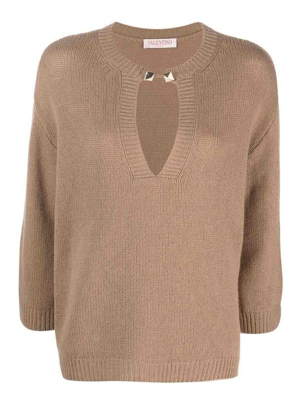 VALENTINO: Strickpullover mit V-Ausschnitt - V-Pullover - Camel