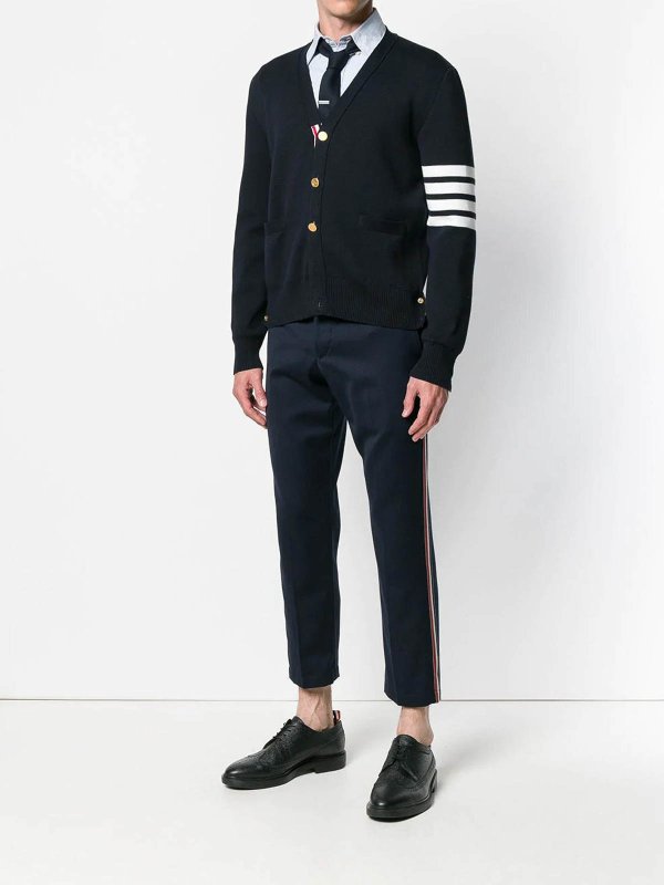 THOM BROWNE: cardigans online - milano stitch v neck cardigan in cotton crepe