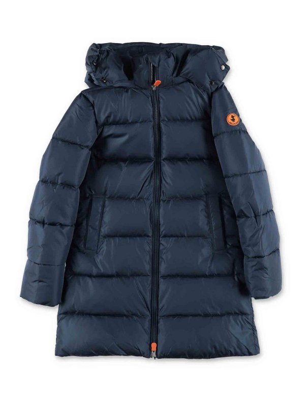 Save The Duck: casual jackets - Blue Long Padded Jacket with Hood