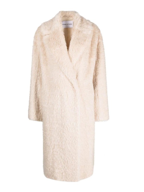 STAND STUDIO: short coats - Long Cream White Faux-Fur Coat