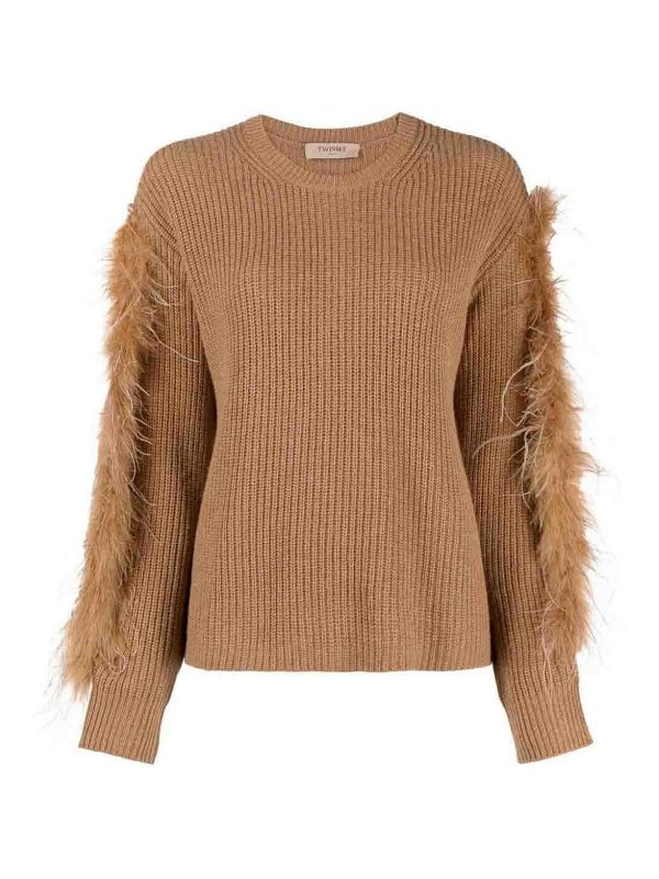 TWINSET: crew necks - Feather-Trim Ribbed Knit Jumper