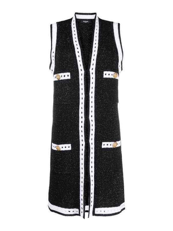 Balmain: cardigans - Black/white cardigan, gold buttons
