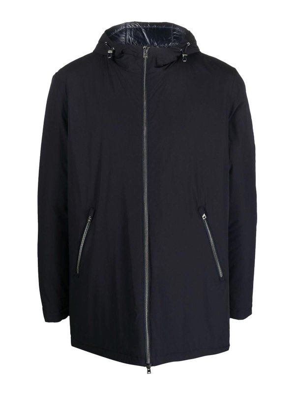 HERNO: trench coats - Navy zip raincoat logo print