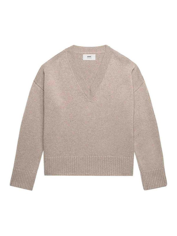 AMI PARIS: Col en V - Pull À Col V - Beige