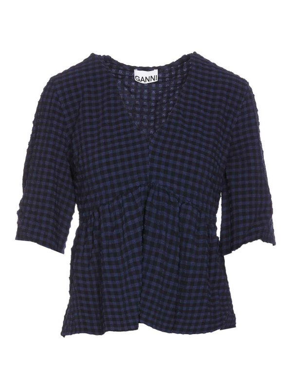 GANNI: bluse - Blusa in seersucker con scollo a V