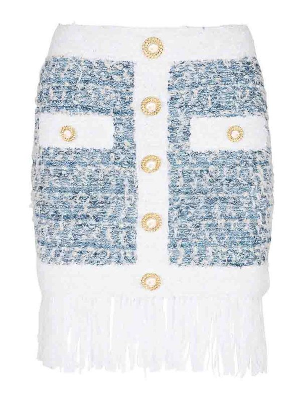 Balmain: mini skirts - Powder Blue/White Tweed Fringed Skirt
