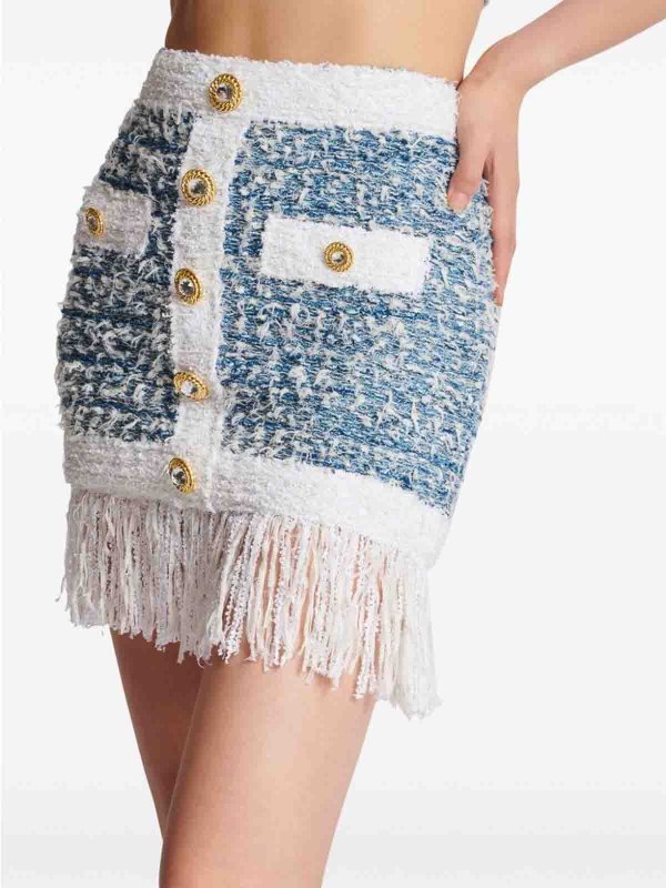 Balmain: mini skirts online - Powder Blue/White Tweed Fringed Skirt