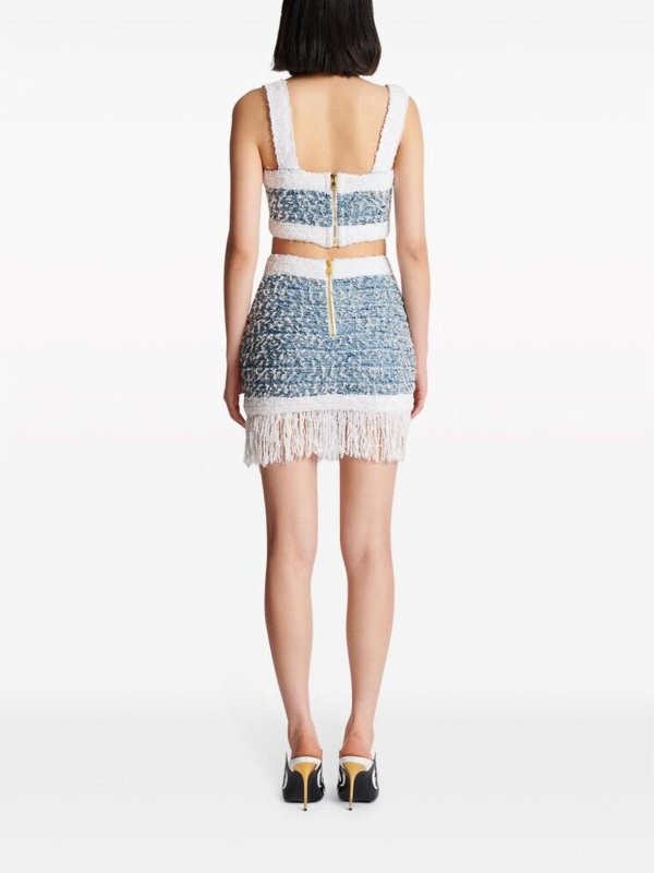 The Best Shops Balmain: mini skirts - Powder Blue/White Tweed Fringed Skirt