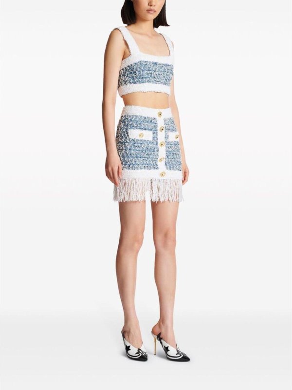 Powder Blue/White Tweed Fringed Skirt shop online: Balmain