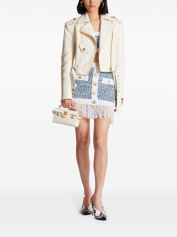 Balmain Powder Blue/White Tweed Fringed Skirt | CF1LB293KF88SLJ