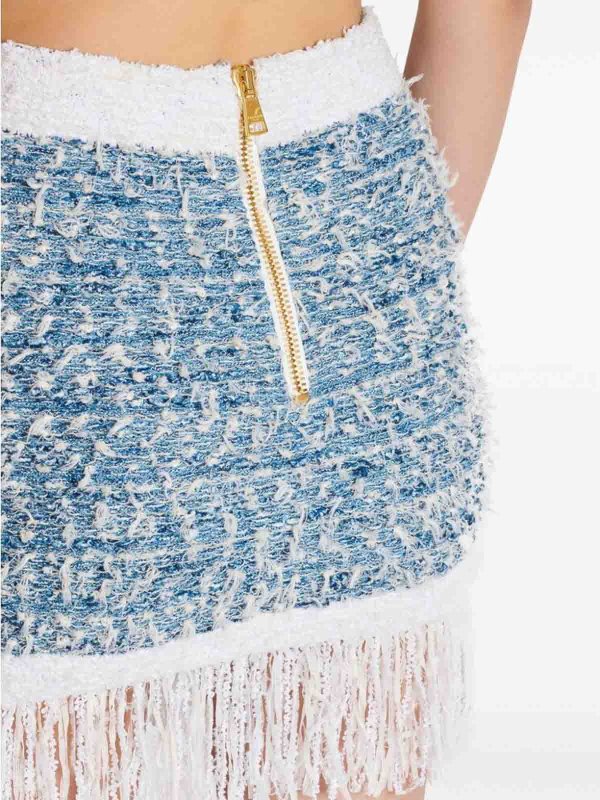 The Best Shops Balmain: Powder Blue/White Tweed Fringed Skirt