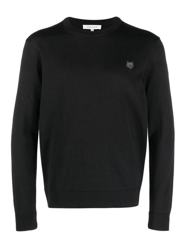 MAISON KITSUNÉ: crew necks - Black logo-appliqu crew-neck sweatshirt