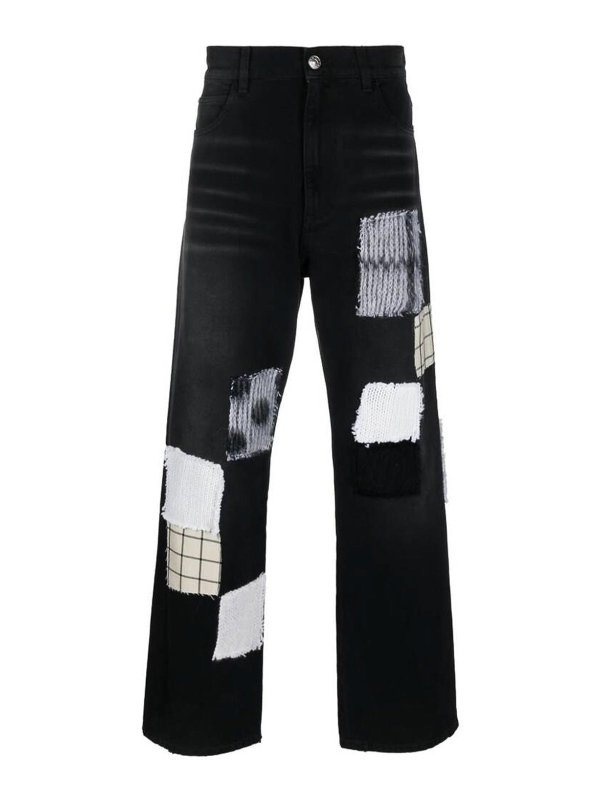 Marni: straight leg jeans - Black denim washed patchwork jeans