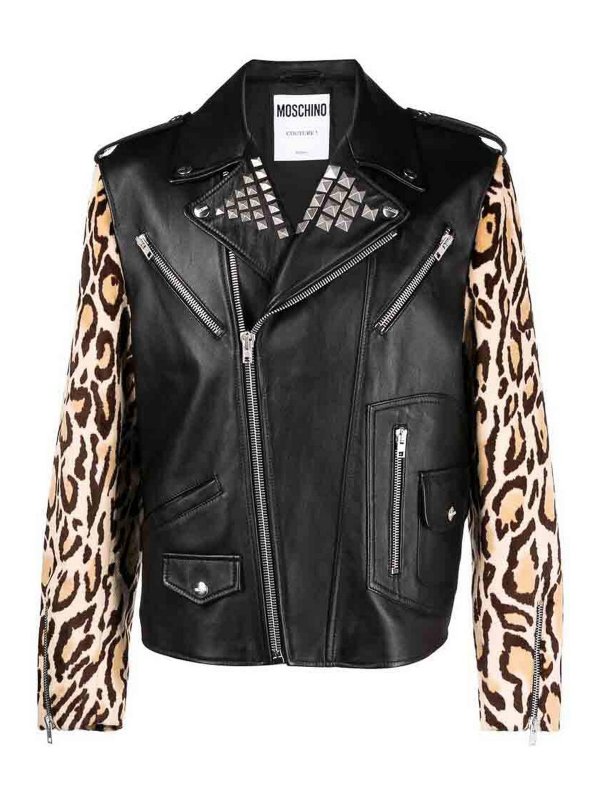 MOSCHINO: leather jacket - Leopard-print biker jacket
