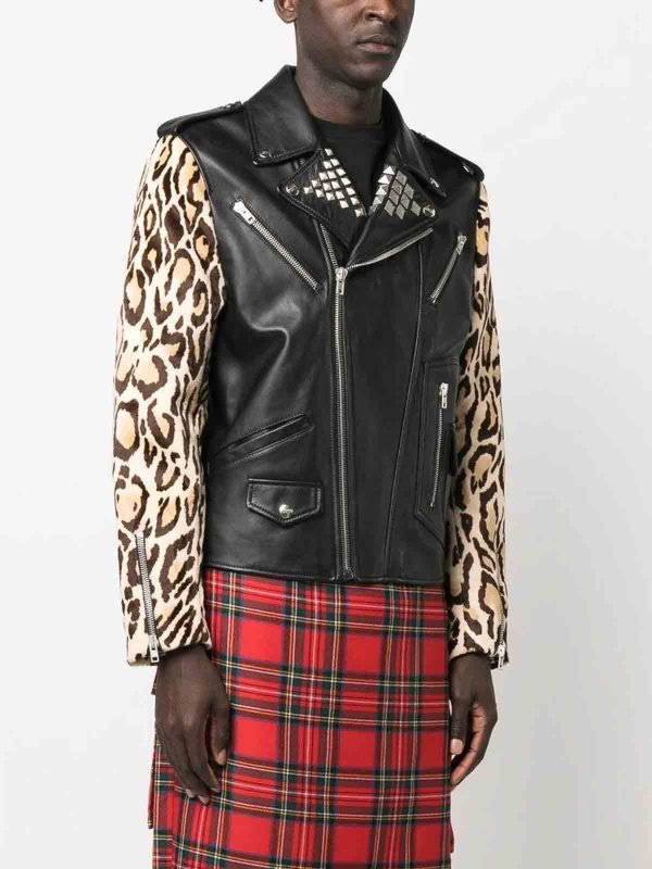 MOSCHINO: leather jacket online - Leopard-print biker jacket