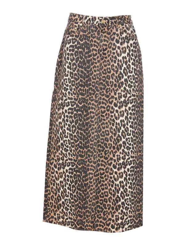 GANNI: Knee length skirts & Midi - Leopard Denim Maxi Slit Skirt