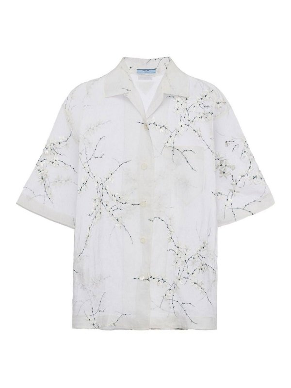 PRADA: shirts - Floral-embroidered sheer shirt