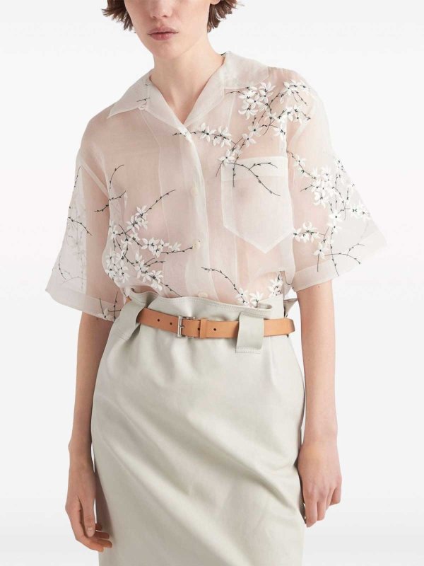 Floral-embroidered sheer shirt shop online: PRADA