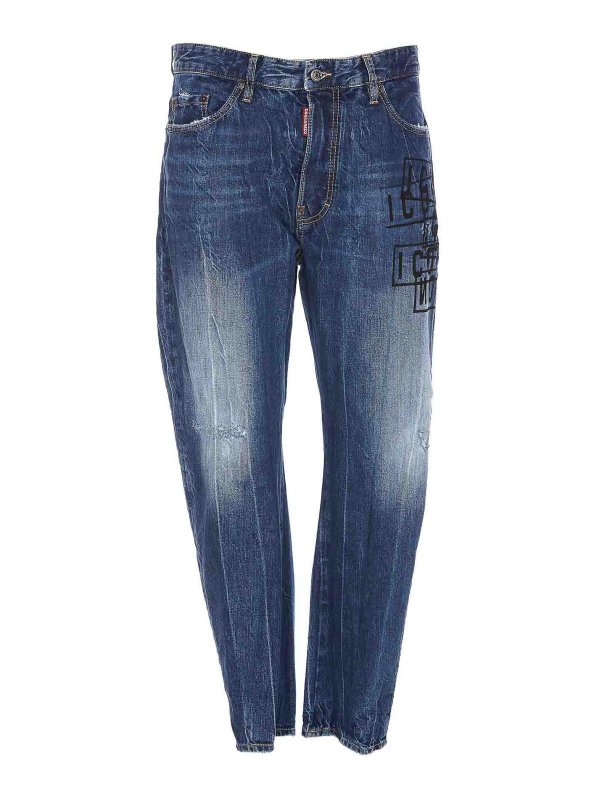 DSQUARED2: straight leg jeans - Denim bro jeans buttons print patch